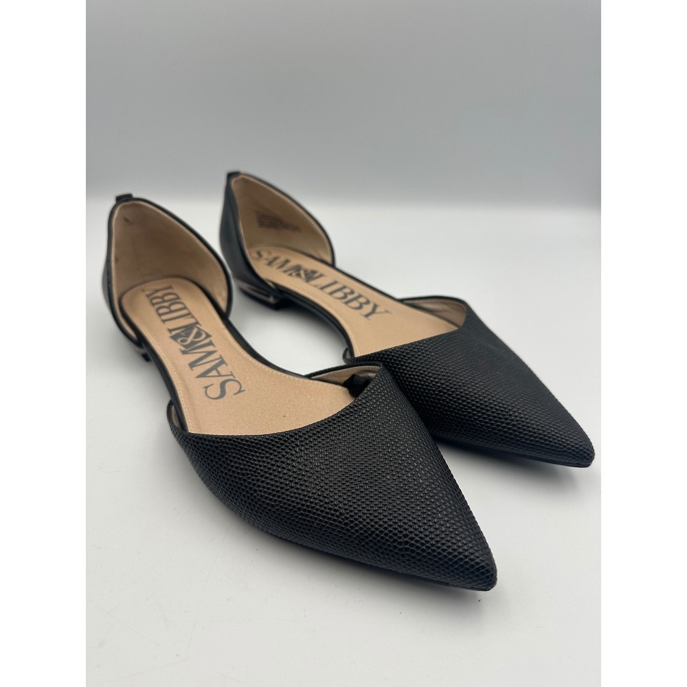 New Sam & Libby Pointed Toe Flats Women 9.5 Black‎ D'Orsay Textured Silver Heel